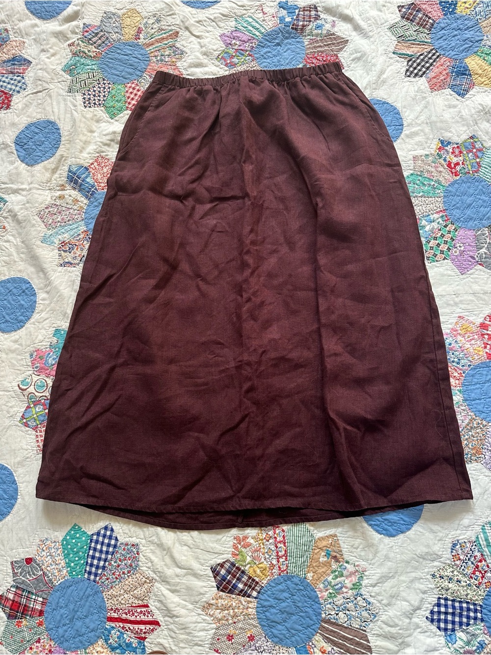 Flax Midi Chocolate Brown 100% Linen Skirt Sz L Pockets